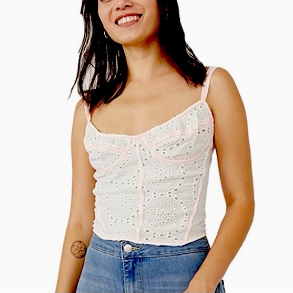 Free People White Eyelet Cropped Cami with Pink Trim